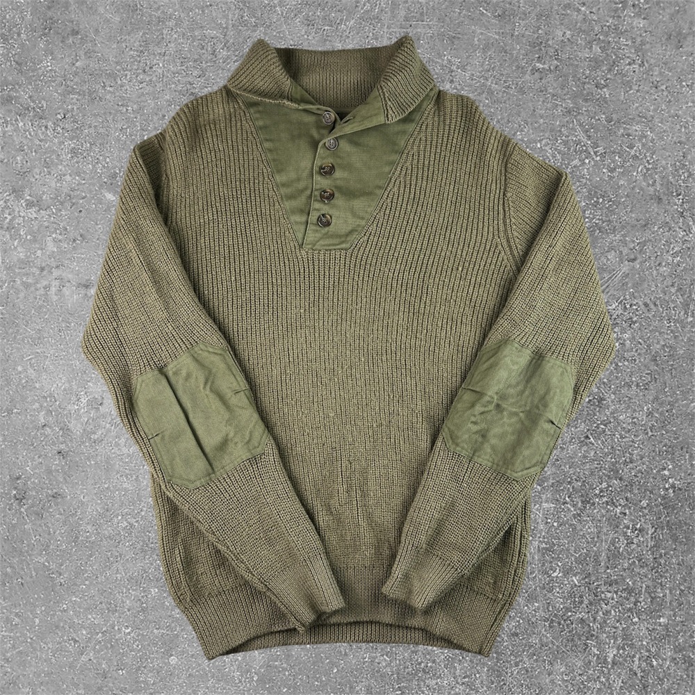 Schott NYC Wool Military Sweater Mens L Olive Green Ribbed Elbow Patch Commando